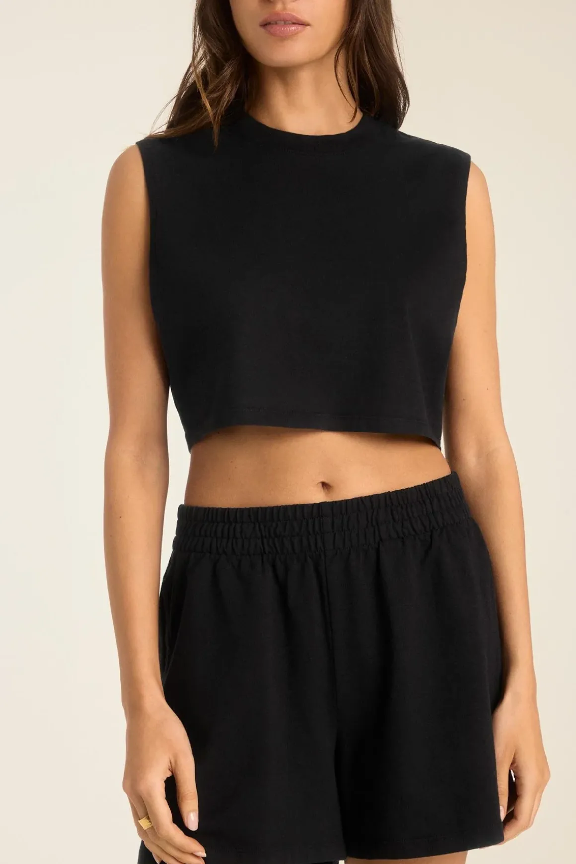 Coast Crop Muscle Tank - Black Cotton Jersey