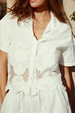 Flora Cropped Shirt - White Beachside Broderie