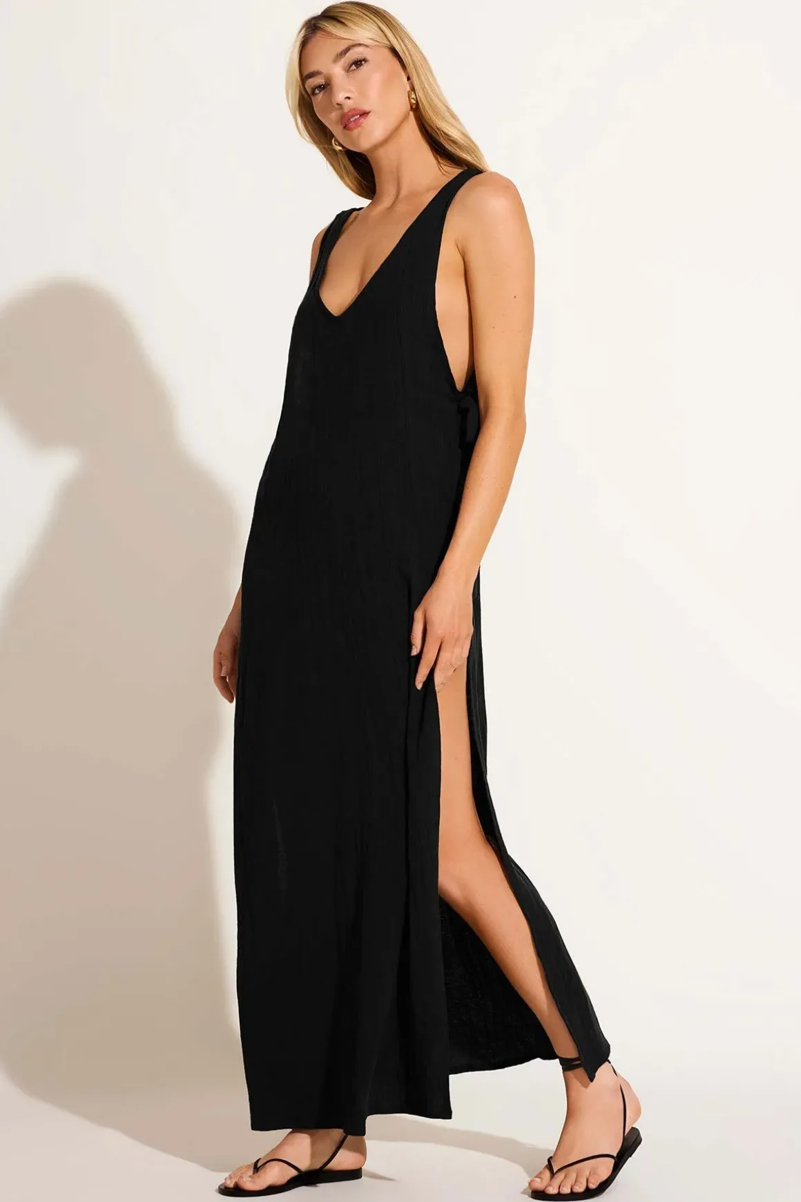 Riviera Dress - Black Crinkle Linen