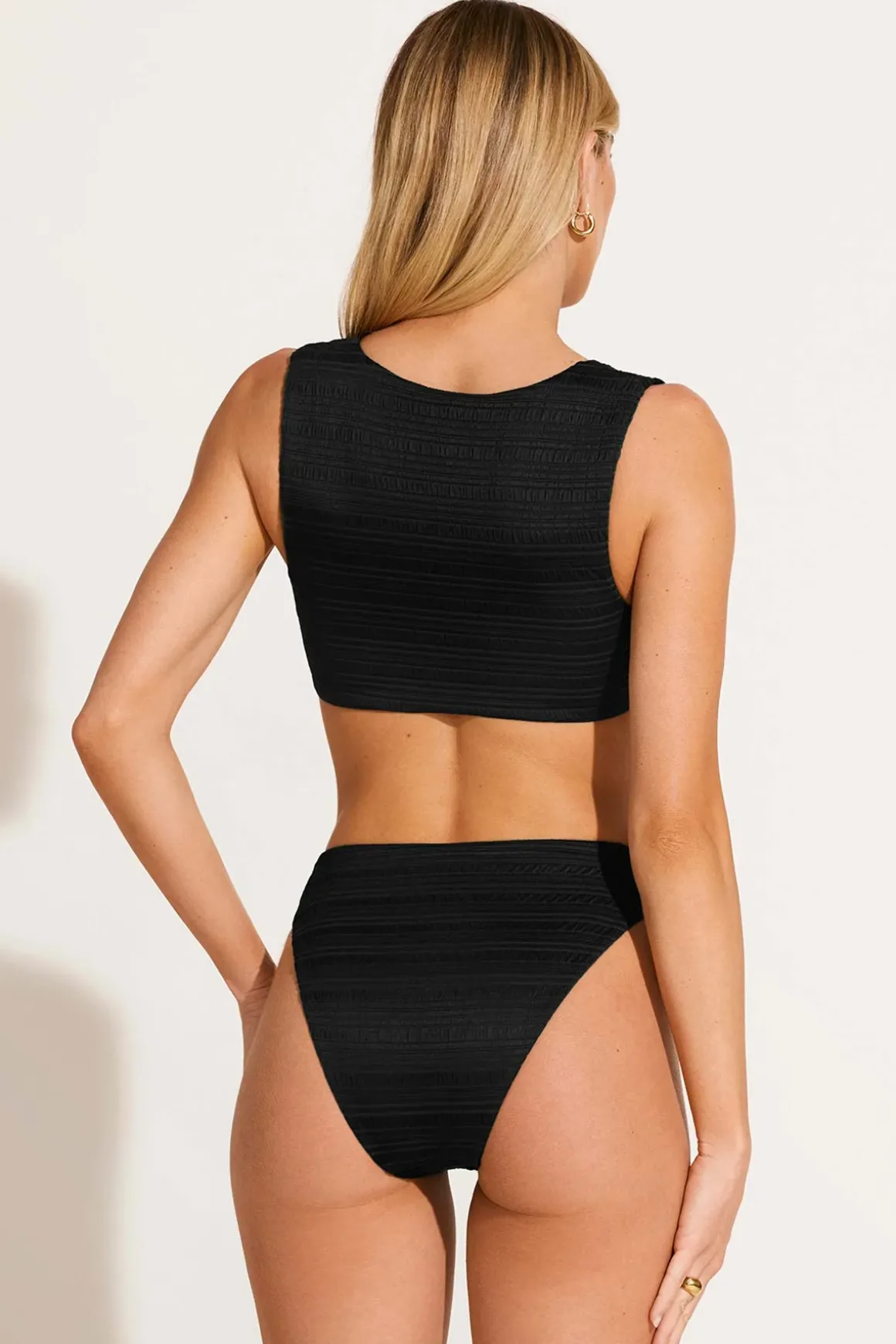 Vitamin A Cali High Leg Full Bottom Black Seersucker Stripe