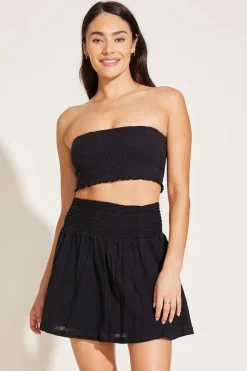 Vitamin A Costa Smocked Mini Skirt Black Crinkle Organic Cotton
