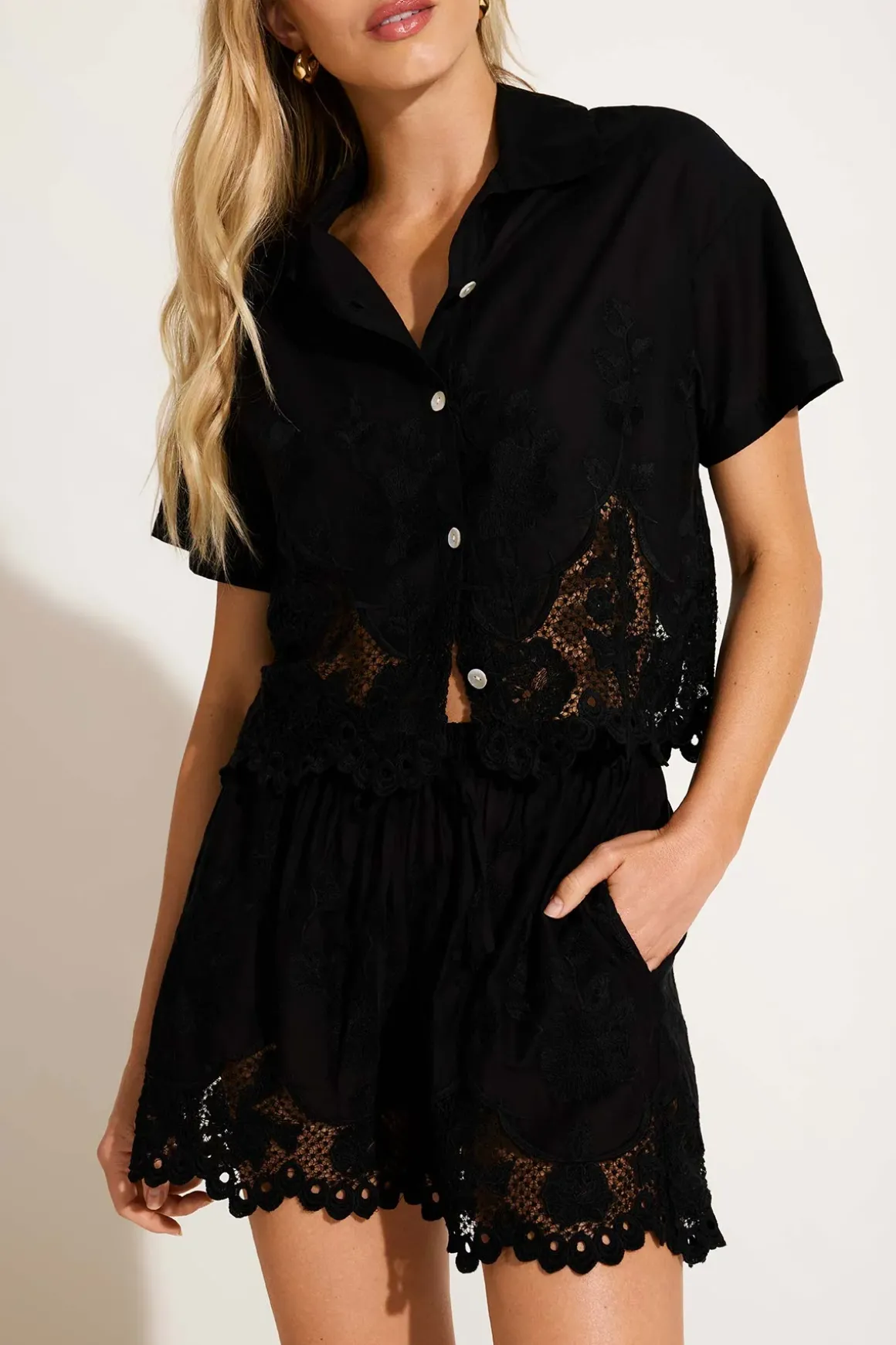 Vitamin A Flora Cropped Shirt Black Beachside Broderie