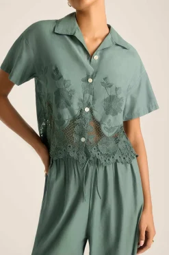 Vitamin A Flora Cropped Shirt Sea Green Beachside Broderie