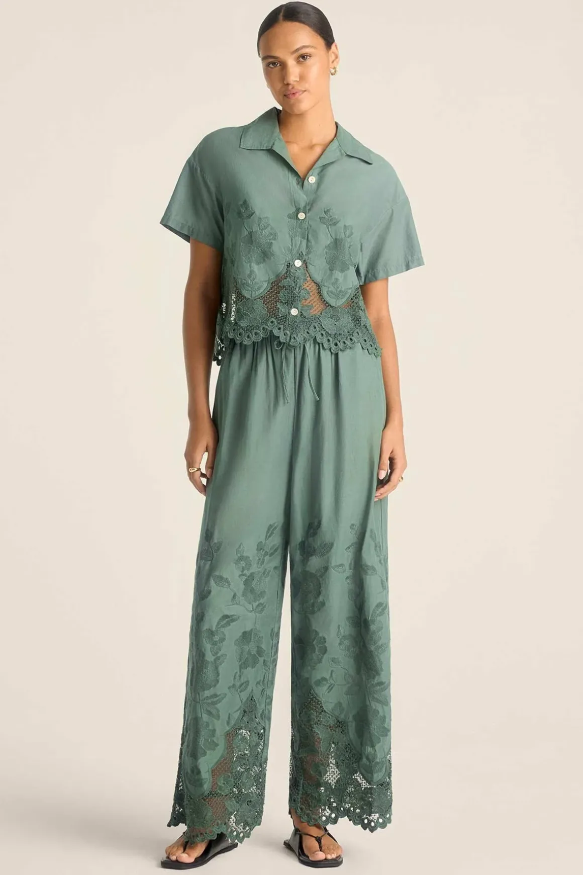 Vitamin A Flora Cropped Shirt Sea Green Beachside Broderie