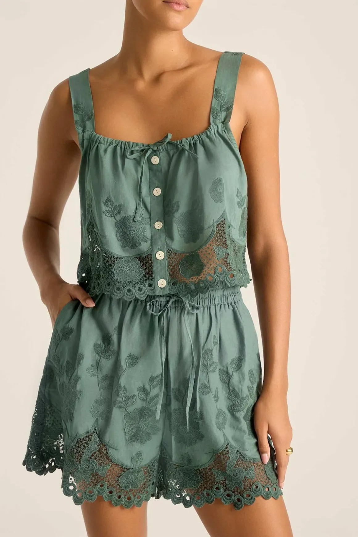 Vitamin A Flora Short Sea Green Beachside Broderie