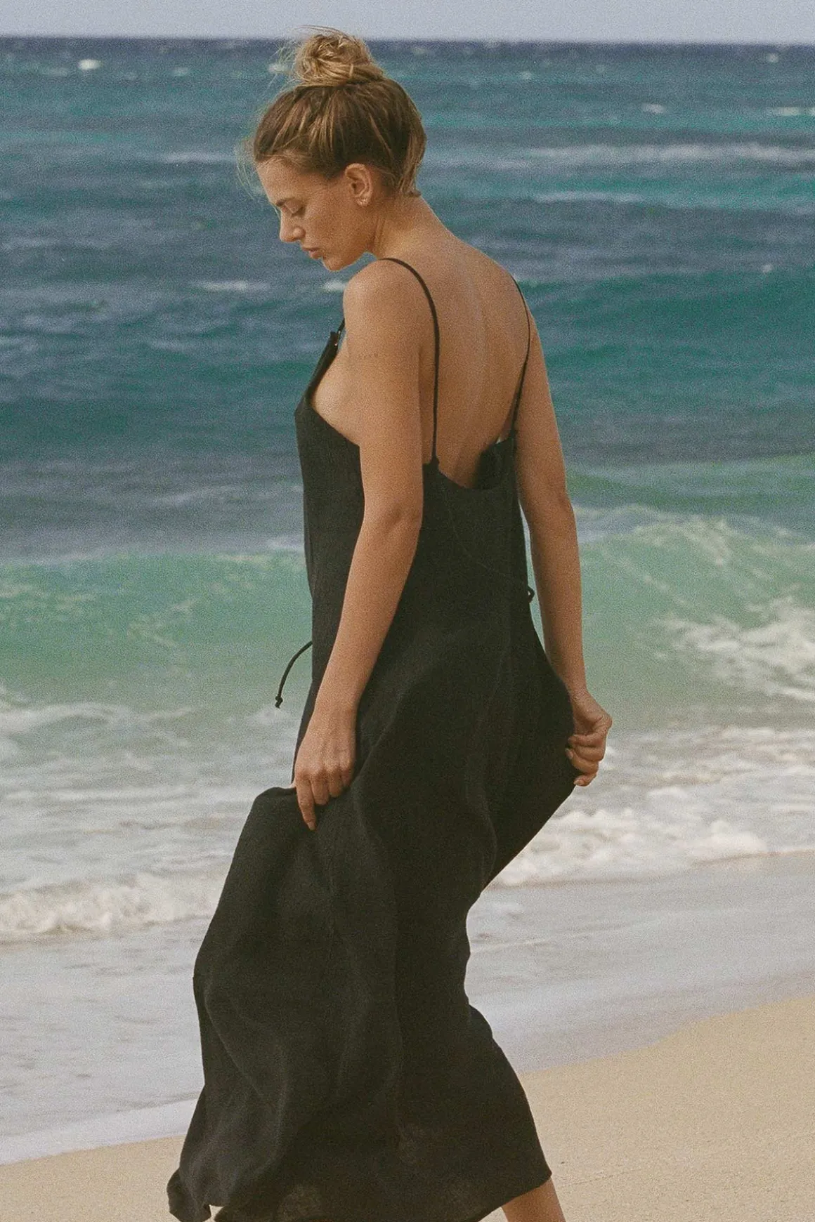 Vitamin A Mari Maxi Dress Black Crinkle Linen