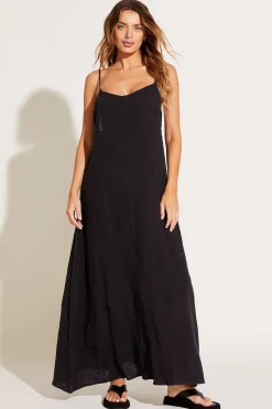Vitamin A Mari Maxi Dress Black Crinkle Linen