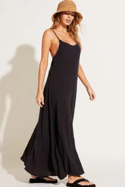 Vitamin A Mari Maxi Dress Black Crinkle Linen