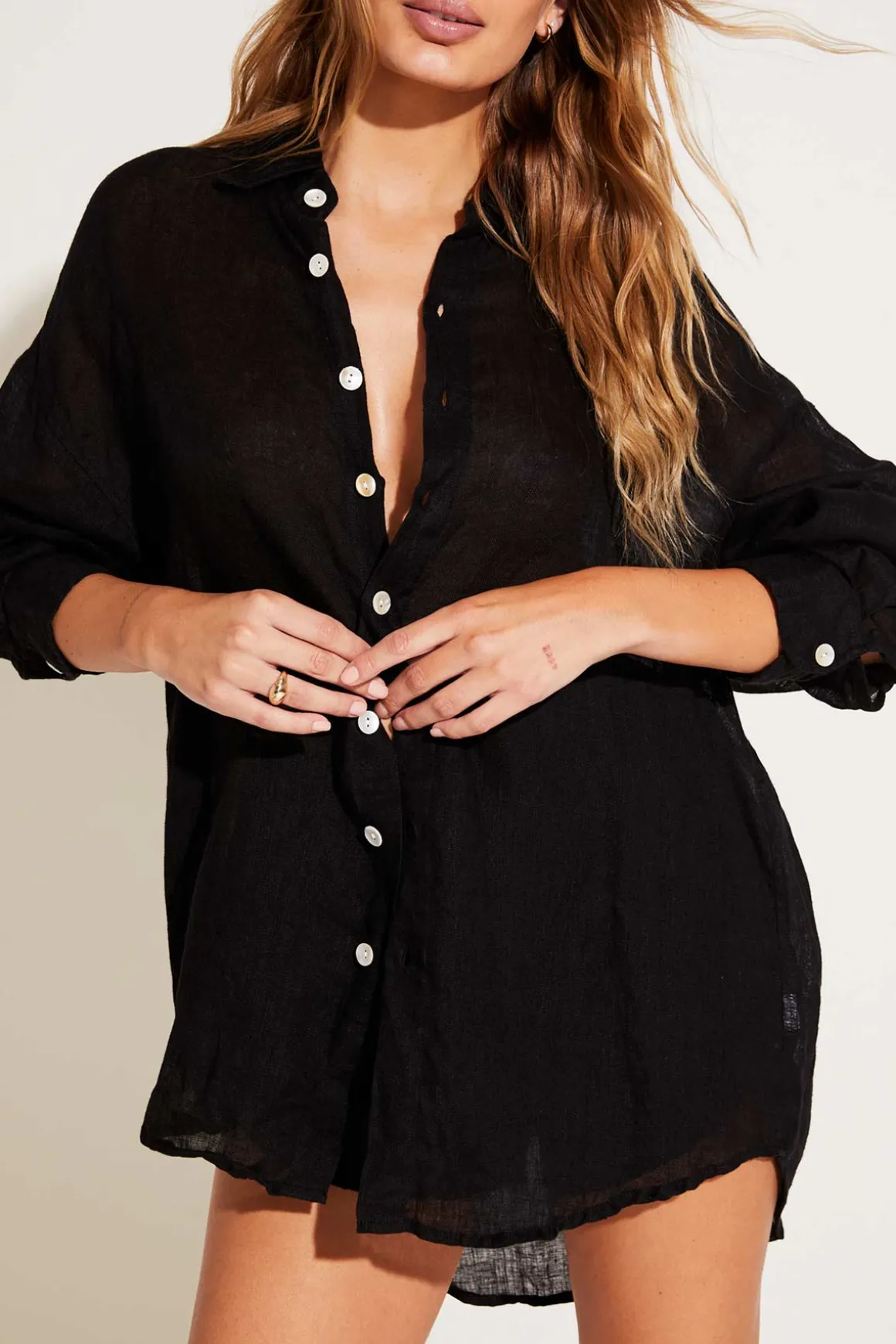 Vitamin A Playa Linen Boyfriend Shirt Black EcoLinen