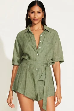 Vitamin A Playa Linen Short Romper Agave EcoLinen