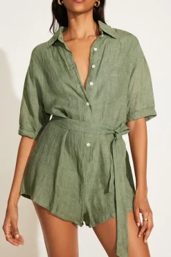 Vitamin A Playa Linen Short Romper Agave EcoLinen