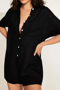 Vitamin A Playa Linen Short Romper Black EcoLinen