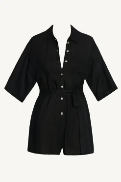 Vitamin A Playa Linen Short Romper Black EcoLinen