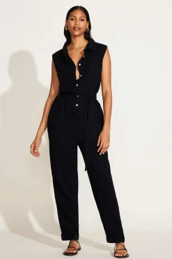 Vitamin A Sabina Jumpsuit Black Crinkle Linen